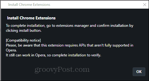 Opera Install Chrome Extension installer confirmer