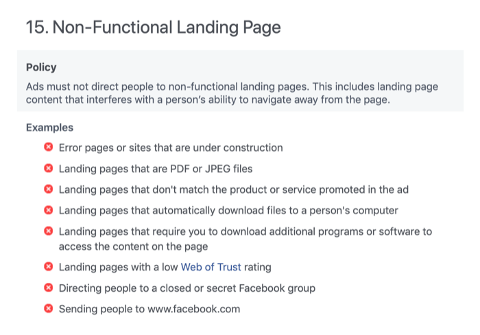 Section de page de destination non fonctionnelle des politiques de publicité Facebook