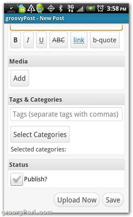 Wordpress sur Android plus de paramètres de publication