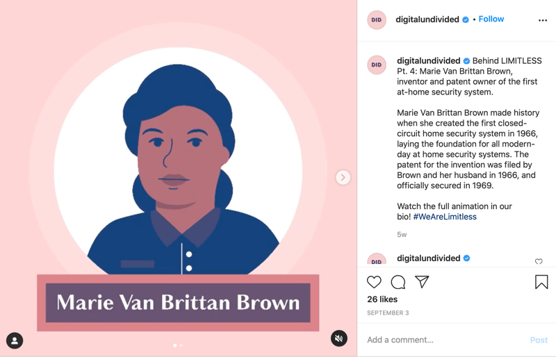 exemple d'un extrait de message mp4 partagé sur instagram mettant en évidence marie van brittan brown comme pt. 4 dans la série #wearelimitless