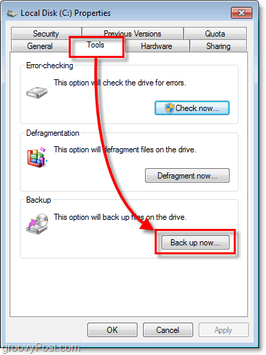 Sauvegarde Windows 7 - Onglet Outils sur les propriétés et bouton Sauvegarder maintenant