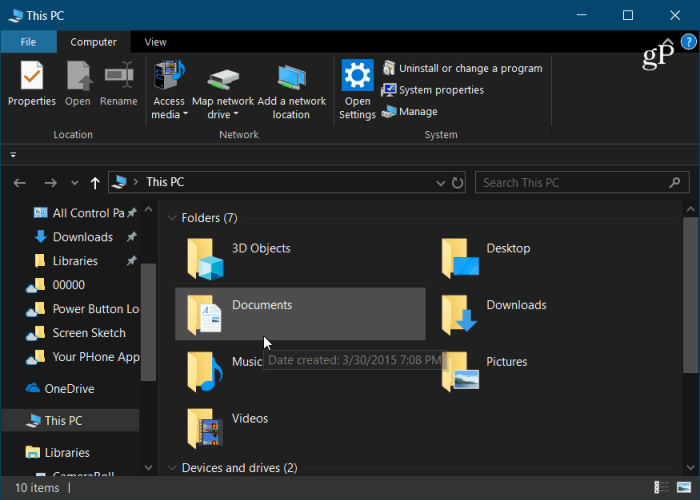 Explorateur de fichiers de Windows 10 en mode sombre