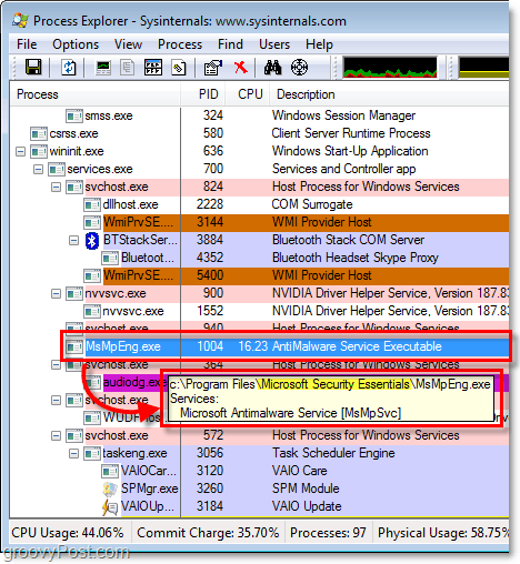 msmpeng.exe dans l'explorateur de processus de Windows 7
