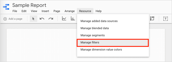 Pour filtrer les données et créer des groupes que vous pouvez utiliser, cliquez sur Ressource dans la barre de menus et sélectionnez Gérer les filtres dans le menu déroulant.