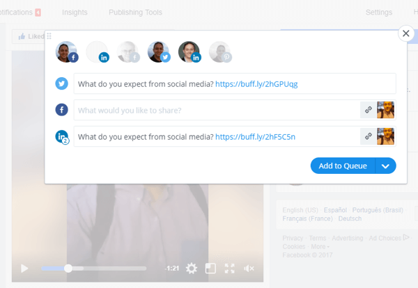 Des outils tels que Buffer peuvent vous aider à partager des vidéos Facebook Live sur plusieurs plateformes de médias sociaux.