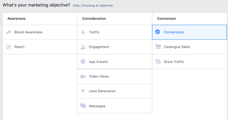 option dans le gestionnaire de publicités Facebook pour sélectionner les conversions comme objectif marketing