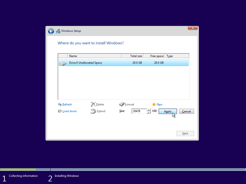 08 Utiliser l'espace disponible maximal Windows 10 Clean Install