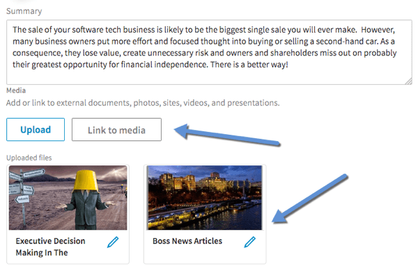 Cliquez sur Lien vers le média pour ajouter une vidéo aux sections Résumé, Expérience et Formation de votre profil LinkedIn.