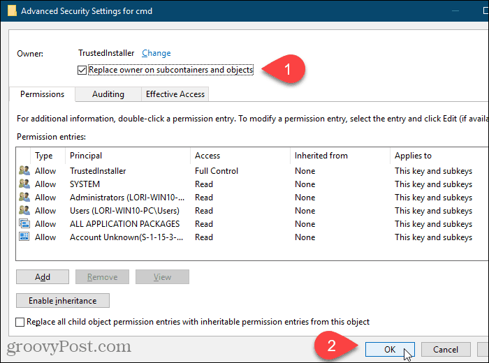 Cochez la case Remplacer le propriétaire sur les sous-conteneurs et les objets de la boîte de dialogue Paramètres de sécurité avancés dans l'Éditeur du Registre Windows