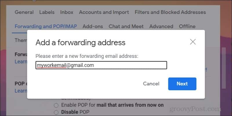 capture d'écran de l'ajout d'un e-mail de transfert