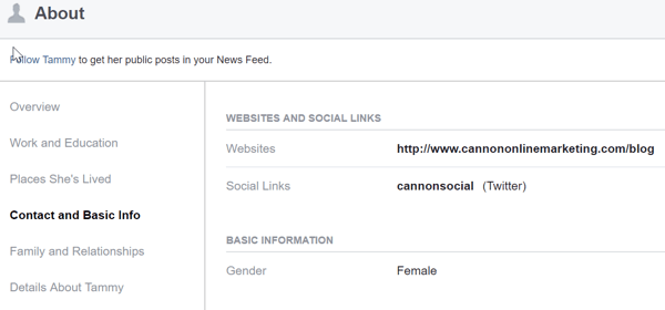 Dans la section À propos de votre profil Facebook personnel, partagez le site Web de votre entreprise et les liens vers les plateformes sociales sur lesquelles votre entreprise est active.