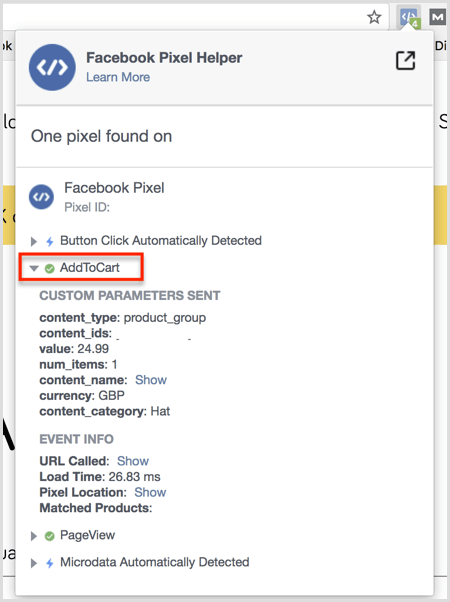Résultats du plugin Facebook Pixel Helper sur la page Ajouter au panier