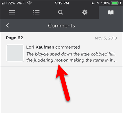 Appuyez sur un commentaire dans BookFusion pour iOS