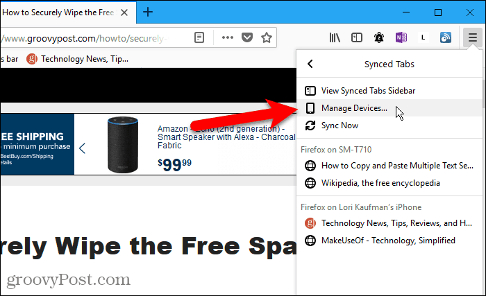 Allez dans le menu Firefox> email> Gérer les appareils dans Firefox pour Android