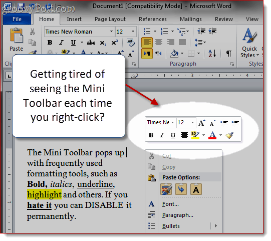 Supprimer la mini-barre d'outils dans Word 2007 et Word 2010