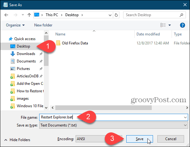 Enregistrer un fichier de commandes sur le bureau dans le Bloc-notes de Windows 10