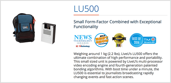 Luria Petrucci utilise le sac à dos LU500 pour diffuser des vidéos en direct sur Twitch. La page de vente LiveU indique que cet appareil de diffusion en continu a un petit facteur de forme combiné à des fonctionnalités exceptionnelles. Plusieurs récompenses de produits apparaissent sous cette description.