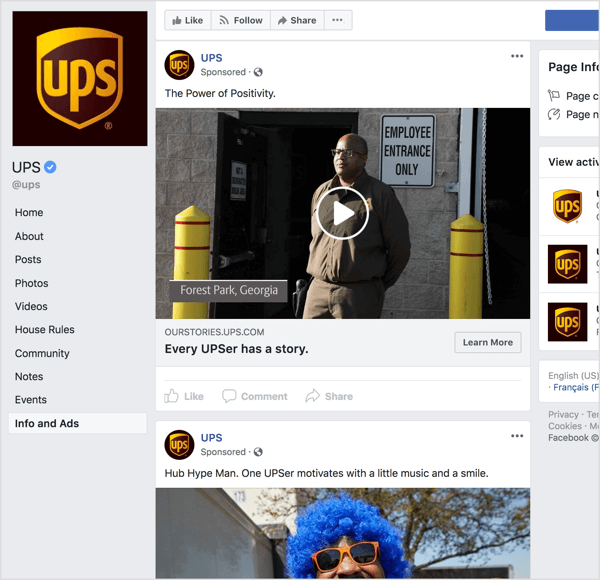 Si vous regardez les publicités Facebook d'UPS, il est clair qu'elles utilisent la narration et l'attrait émotionnel pour renforcer la notoriété de la marque.