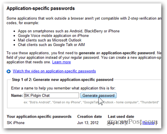 google one time passwords - cliquez sur générer un mot de passe