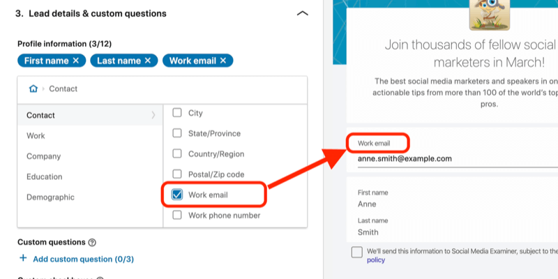 Capture d'écran du champ E-mail professionnel sélectionné pour le formulaire de génération de leads dans la configuration de l'annonce LinkedIn
