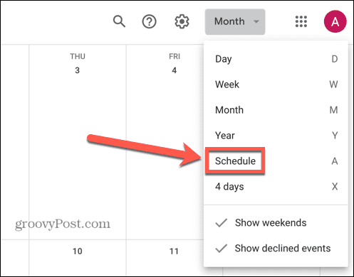 calendrier google sélectionner la vue du calendrier
