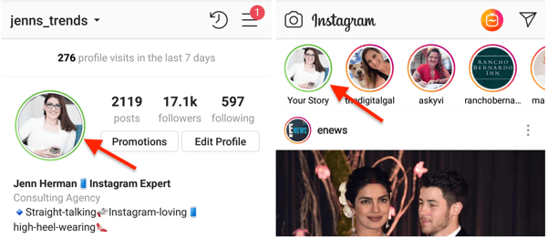 Indicateur de cercle vert pour votre photo de profil Instagram lorsque vous avez partagé une histoire avec votre liste d'amis proches.