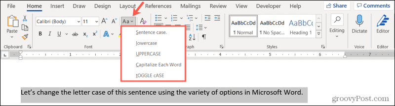 Changer la casse des lettres dans Word sous Windows