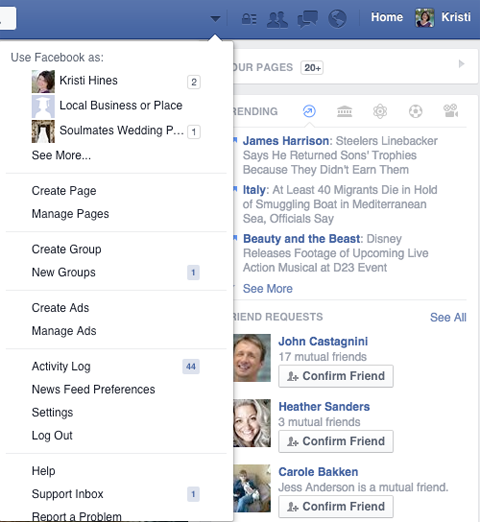 flèche du menu de gestion des pages facebook