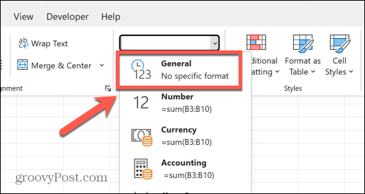 format général excel