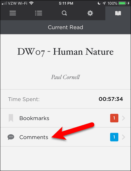 Appuyez sur Commentaires dans BookFusion pour iOS