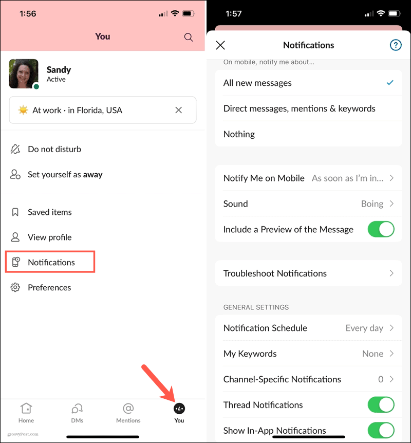 Notifications dans Slack sur mobile