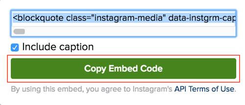 Cliquez sur le bouton vert pour copier le code d'intégration de la publication Instagram.