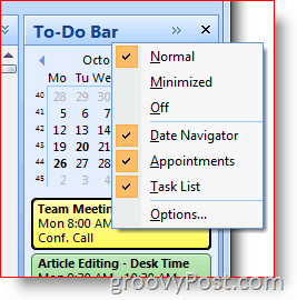 Barre des tâches d'Outlook 2007 - Cliquez avec le bouton droit pour choisir les options