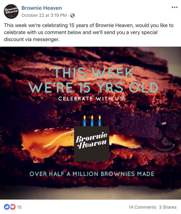 Exemple de publication Facebook avec une offre de Brownie Heaven.