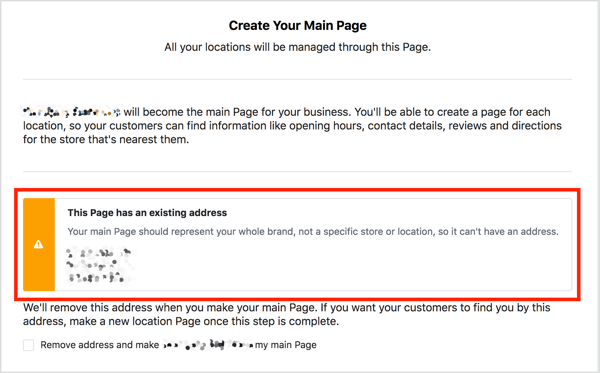 Si votre page Facebook principale a une adresse, vous voyez un message d'avertissement si vous essayez d'ajouter des emplacements.