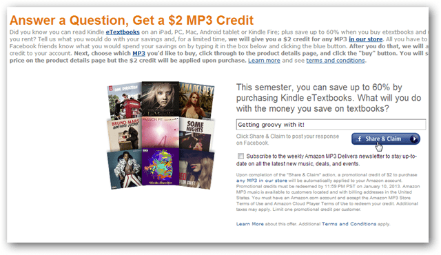 Obtenez un crédit Amazon MP3 de 2 $ pour une publication Facebook