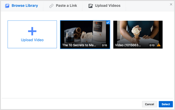 Facebook créer une annonce vidéo sélectionner une vidéo