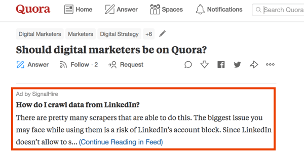 Exemple de marketing sur Quora avec une annonce payante.
