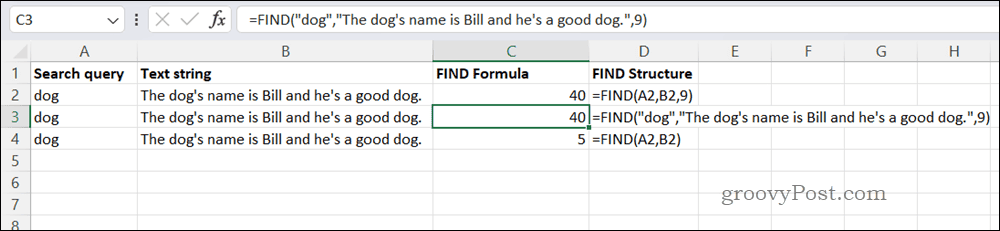 Exemple de formule FIND dans Excel