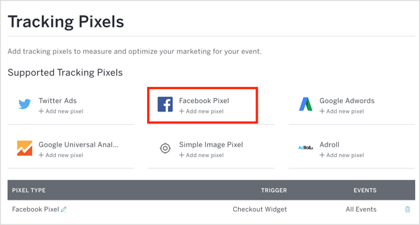 Dans Eventbrite, cliquez sur Facebook Pixel et entrez votre ID de pixel et d'autres détails.