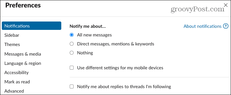 Notifications de préférences dans Slack Desktop