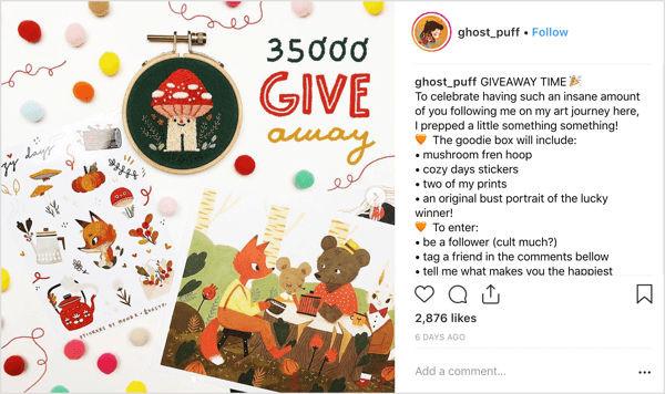 L'artiste ghost_puff utilise un style de publication convivial et accessible qui invite la communauté à discuter sur Instagram.