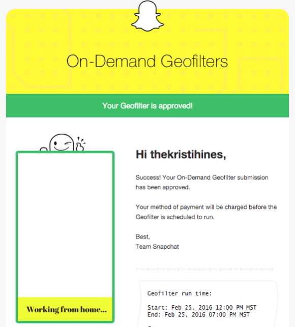 email de confirmation du geofilter Snapchat
