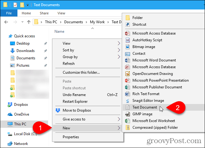 Allez dans Nouveau> Document texte dans l'Explorateur de fichiers Windows
