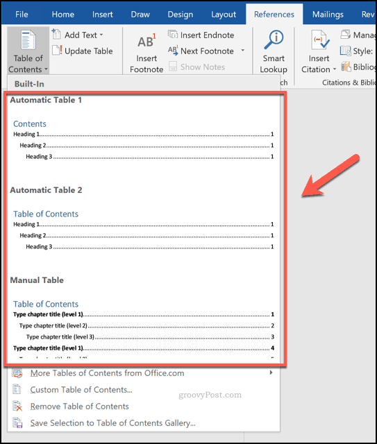 Insertion d'une table des matières dans Word