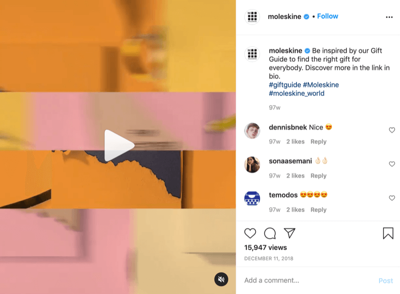 exemple d'une publication vidéo d'idée cadeau instagram de @moleskine avec un appel à l'action dirigeant les spectateurs vers le lien dans la bio pour en savoir plus