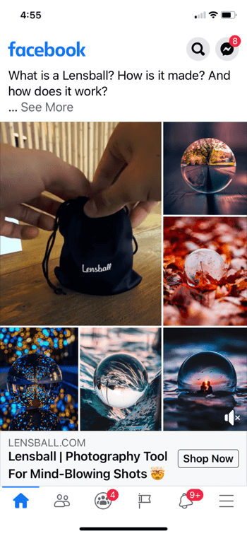 exemple de collage d'annonces facebook pour lensball, montrant le produit dans un petit sac à cordon noir avec 5 exemples de clichés du produit utilisé en images