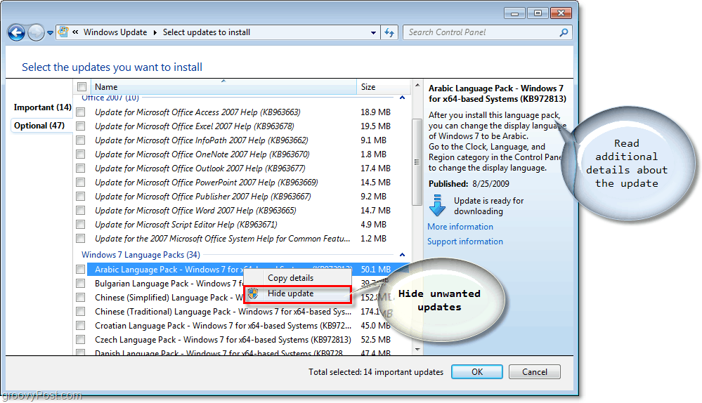 Windows 7 - Capture d'écran des cases à cocher des mises à jour disponibles pour Windows Update