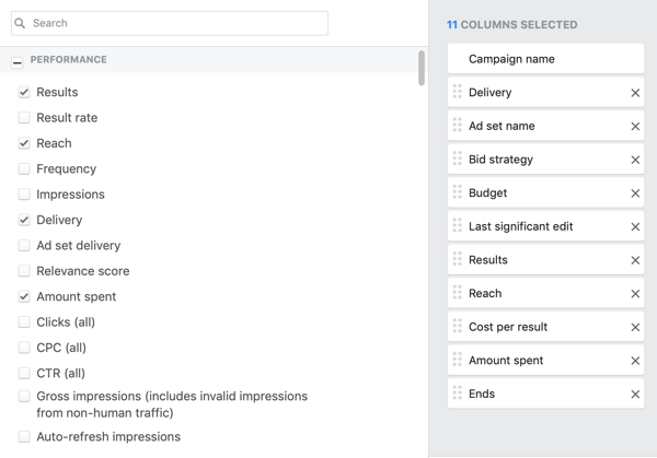 Exemple de métriques de base souhaitées pour la colonne de rapports de la fenêtre de création de rapports dans Facebook Ads Manager.