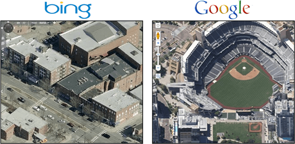 Google Maps Overhead 45 Degree View Vs. Bing Birds Eye